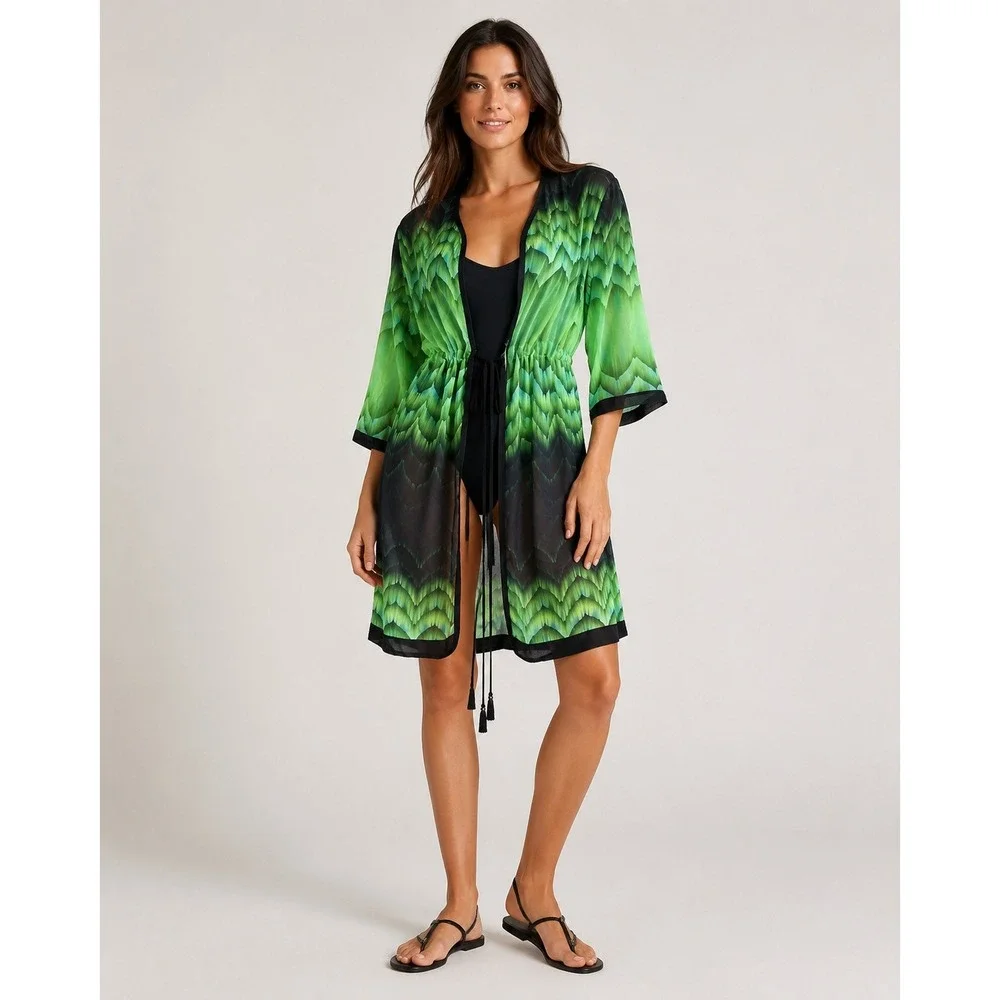 Venus Small Green Feather Print Kimono Swim Cover Up Drawstring Waist Resortwear
